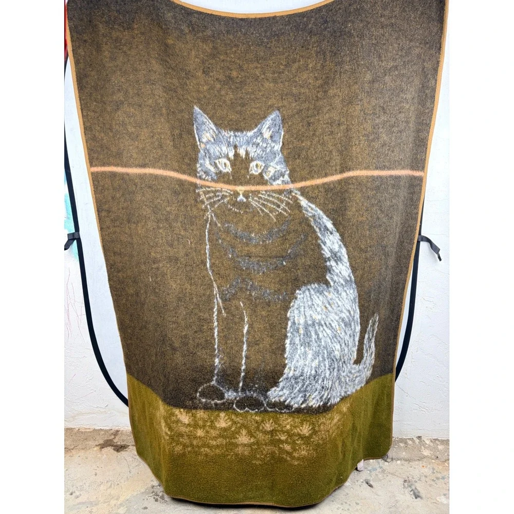 Vintage Biederlack Reversible Cat Throw Blanket Brown Cream Hungary 56x72